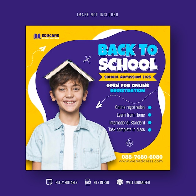 voltar às aulas educação admissão postagem em mídia social e banner na web