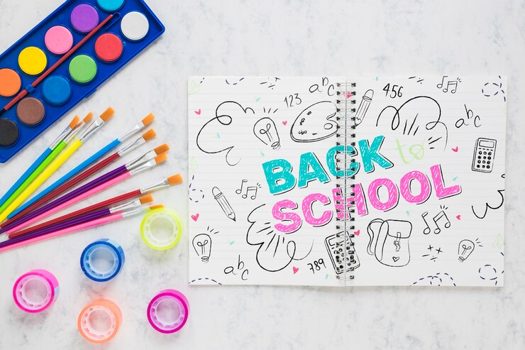 PSD voltar para itens de escola com aquarelas