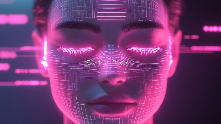 PSD volto femminile futuristico con sovrapposizione digitale rosa
