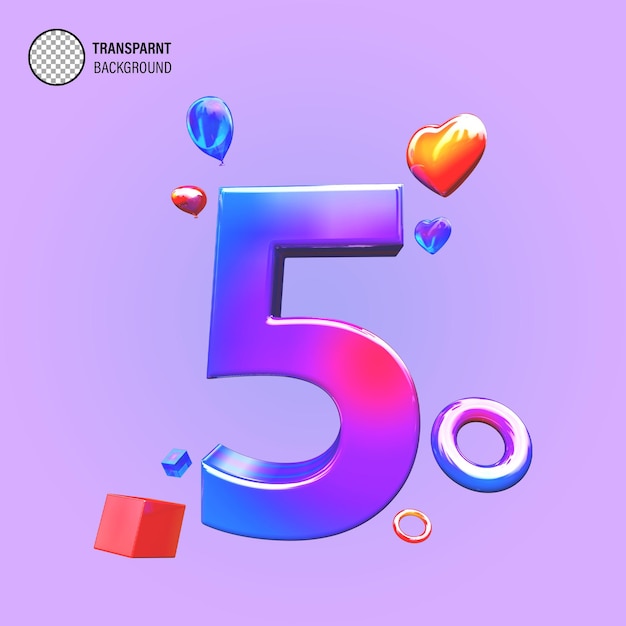 Volumétrico brillante azul y rosa número 5 formas gráficas aisladas sobre fondo degradado 3D prestados