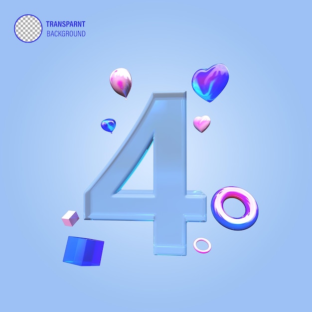 Volumetrische glänzende blaue Zahl 4 isolierte grafische Formen auf Farbverlaufshintergrund 3D-gerendertes Alphabet