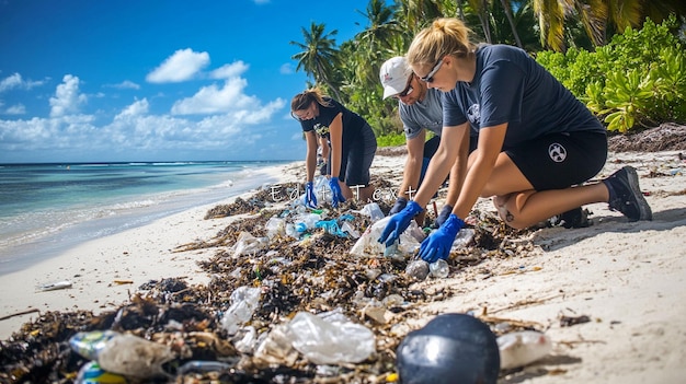 Voluntarios limpiando la contaminación plástica en una playa tropical