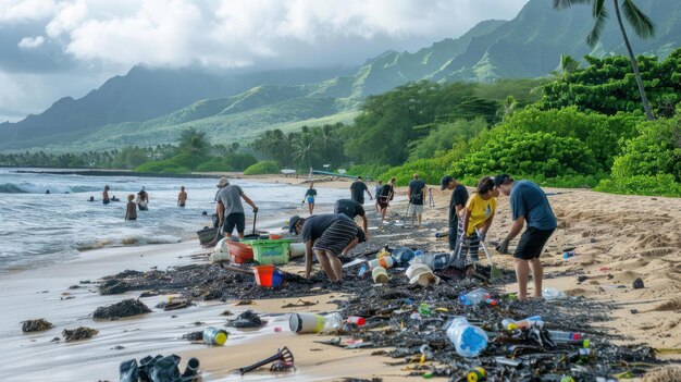 Voluntarios limpiando las montañas contaminadas de la playa en el fondo