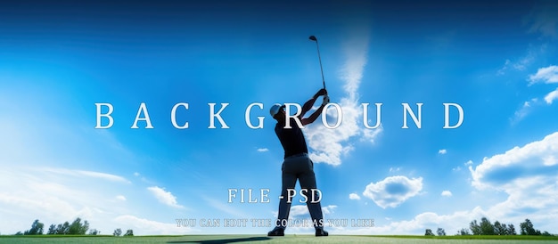 PSD von hinten gesehen macht ein golfer einen großen schuss gegen den hintergrund und den hellblauen himmel