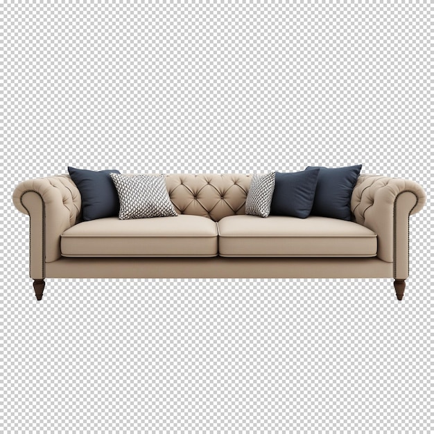 Von weißem Sofa mit braunen und blauen Kissen, isoliert auf durchsichtigem Hintergrund