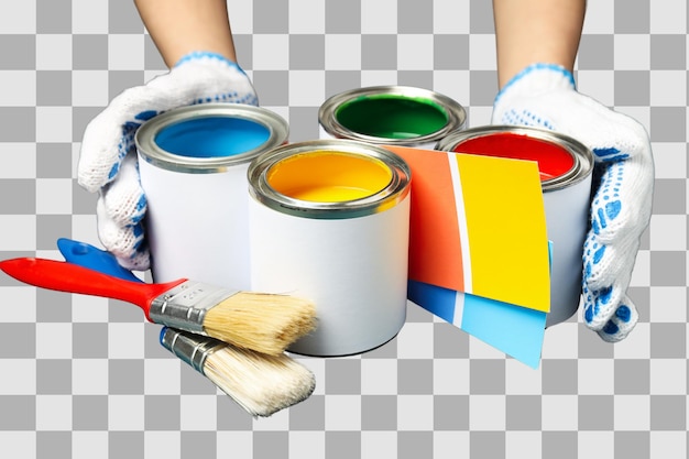 Vorbereitung eines Malprojektes mit Farben und Werkzeugen, die auf weißem PNG isoliert sind