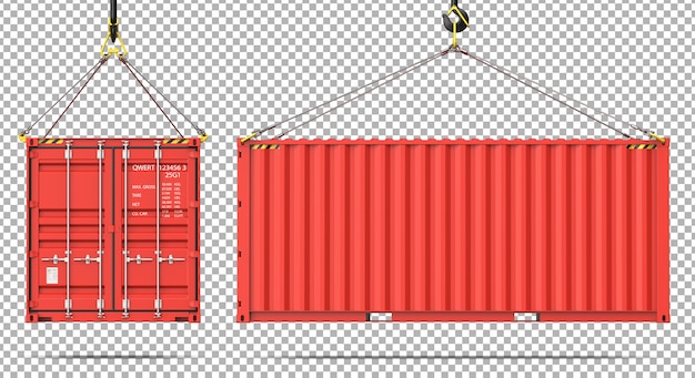 Vorder- und Seitenansicht des Frachtcontainers, der am Kranhaken hängt