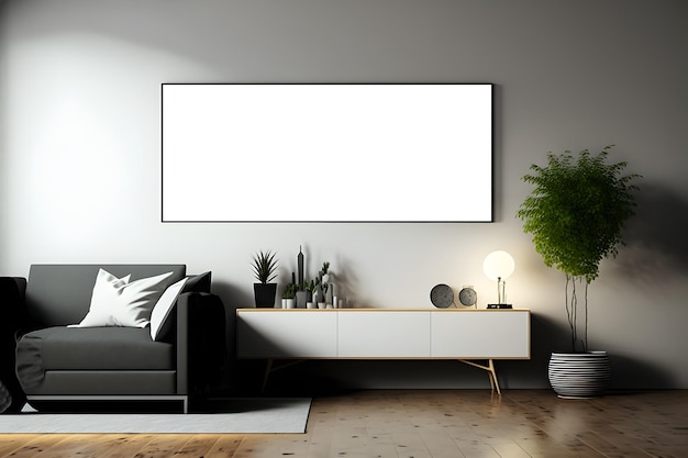 PSD vorderansicht einer psd-wand großbildmodell, modernes interieur mit möbeln, schwarzes innendesign