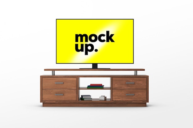 Vorderansicht eines TV-Modells auf einem Holzschrank mit leerem weißen Hintergrund