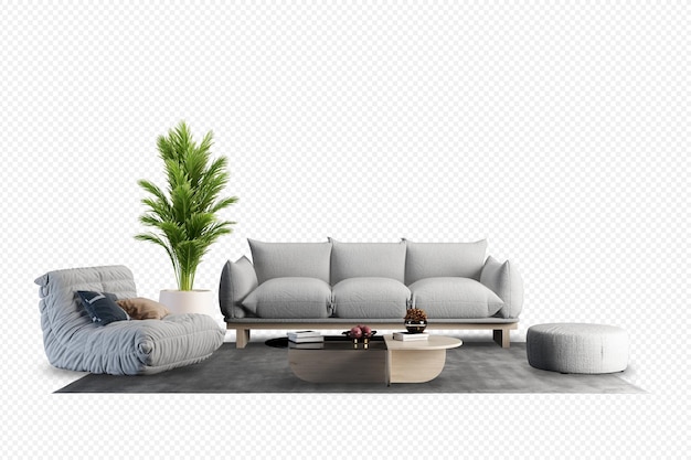 Vorderansicht von Sofa und Pflanze in 3D-Rendering
