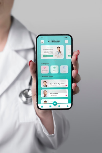 PSD vorderansichtdoktor, der smartphonemodell hält