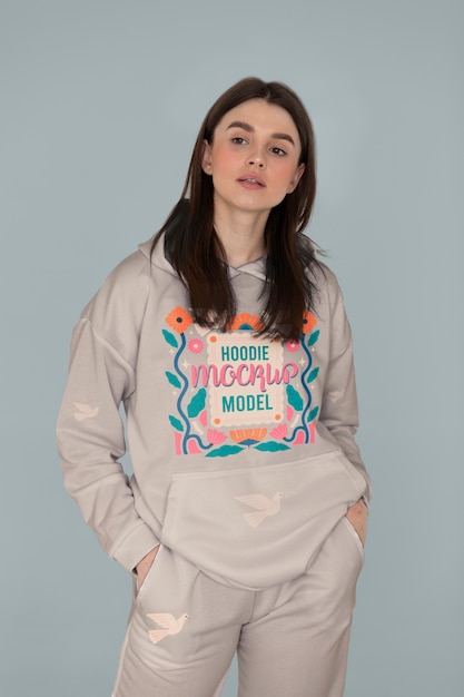 Vorderansichtmodell, das im Hoodie aufwirft