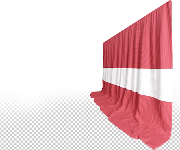 Vorhang mit lettischer flagge in 3d-darstellung, der den kulturellen reichtum lettlands zeigt