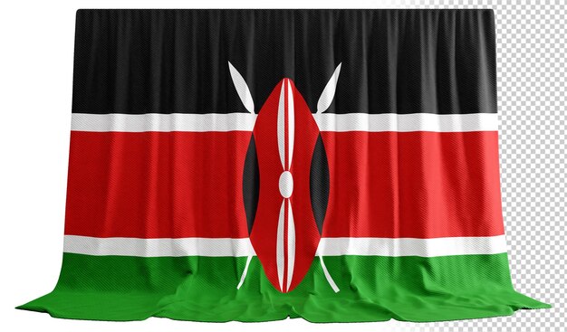 PSD vorhang mit swahili-flagge in 3d-darstellung, der die natürliche schönheit kenias umarmt