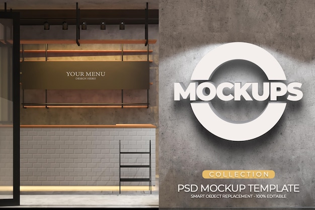 Vorlage 3d-logo-modelle und banner-menü eines cafés mit industriellem innendesign und zementwandstruktur