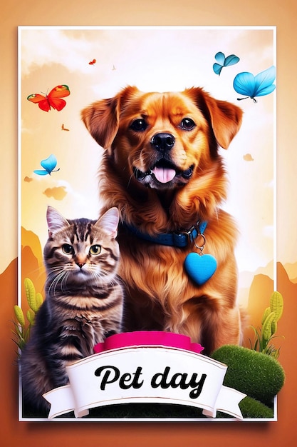 PSD vorlage für den poster für den nationalen tag der haustiere mit einem hund und einer katze als hintergrund