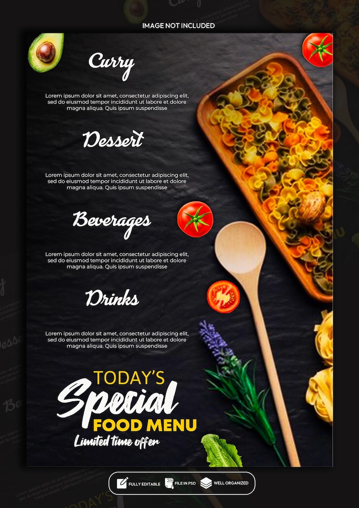 PSD vorlage für die gestaltung von plakaten für spezielle speisenmenüs in restaurants