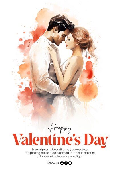 PSD vorlage für ein poster zum glücklichen valentinstag mit einem romantischen paar im hintergrund im aquarell-stil