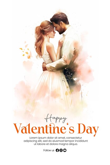 PSD vorlage für ein poster zum glücklichen valentinstag mit einem romantischen paar im hintergrund im aquarell-stil