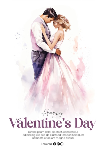 PSD vorlage für ein poster zum glücklichen valentinstag mit einem romantischen paar im hintergrund im aquarell-stil