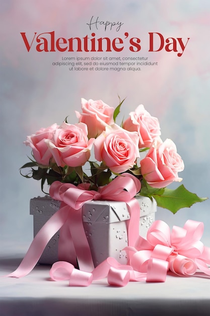 Vorlage für ein poster zum guten valentinstag mit geschenkkiste und einem blumenstrauß als hintergrund