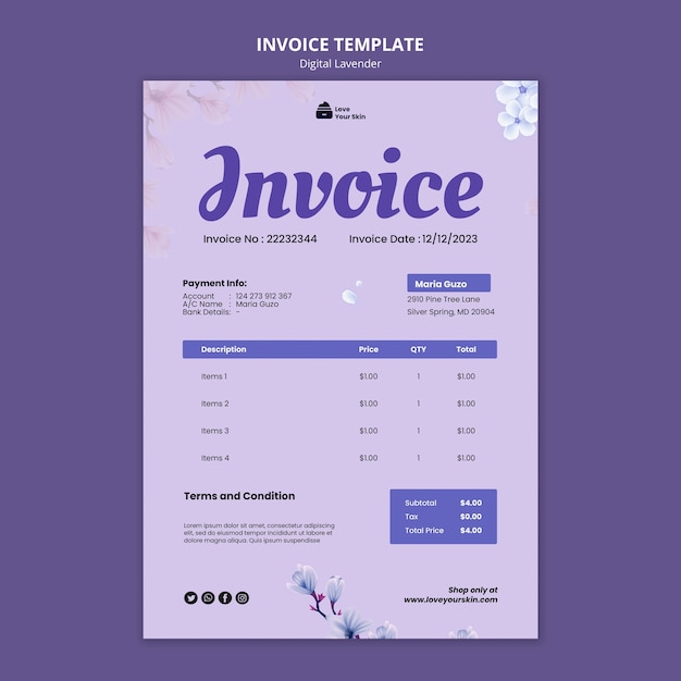 PSD vorlage für eine digitale lavendelrechnung