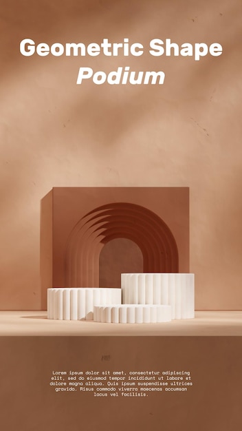 Vorlage-Mockup Weißes Zylinder-Podium im Porträt Brauner Bogen an der Wand 3D-Render-Bild
