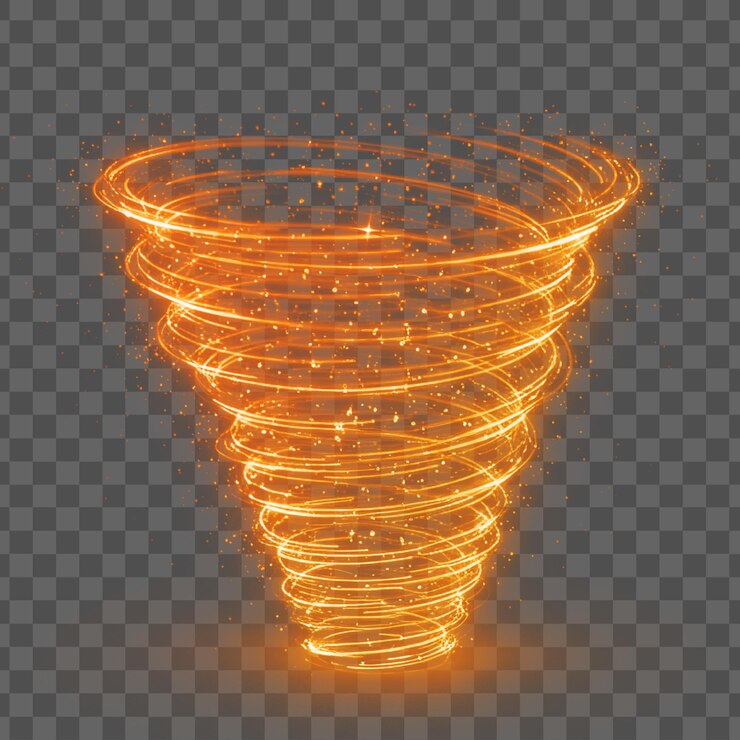 PSD vórtice espiral naranja brillante con partículas brillantes en un fondo transparente