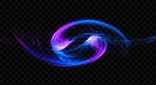 Vortici astratti di luce blu e viola su uno sfondo trasparente