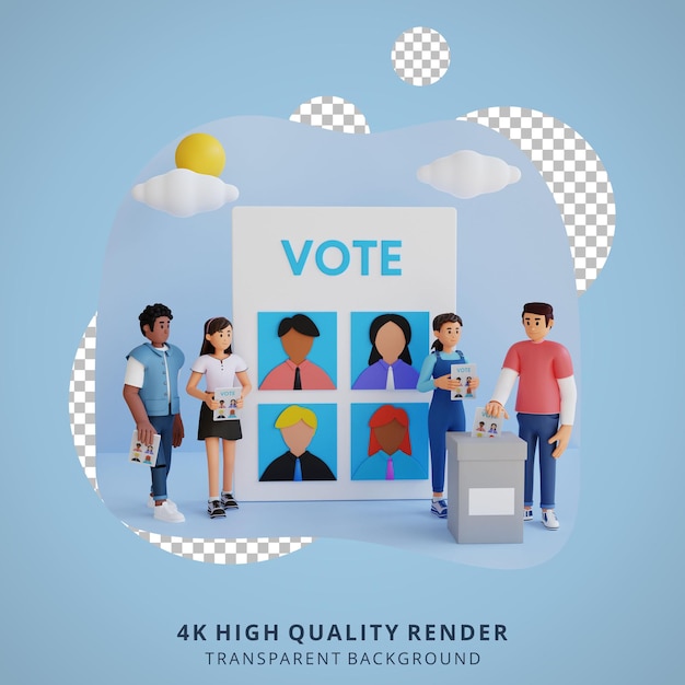 PSD votantes insertando formularios en urnas ilustración de personajes 3d