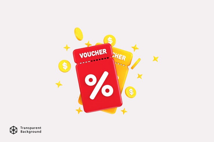 PSD voucher de desconto 3d com ícone de moedas de ouro 3d render conceito de ícone de cupom de desconto 4d ilustração