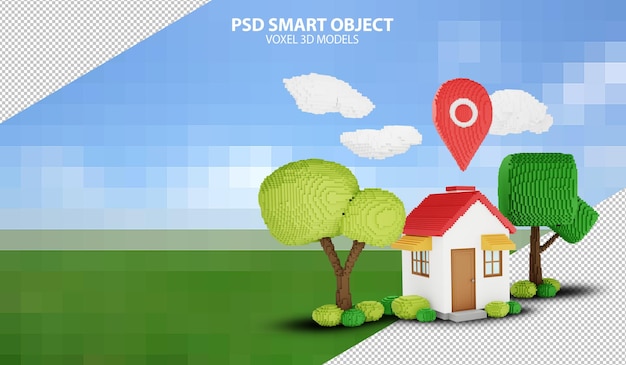 voxel 3d models of house with map pin pointer psd smart objects on pixelated background