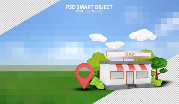 voxel 3d models of store with map pin pointer psd smart objects on pixelated background