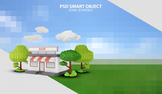 voxel 3d models of store with tree psd smart objects on pixelated background