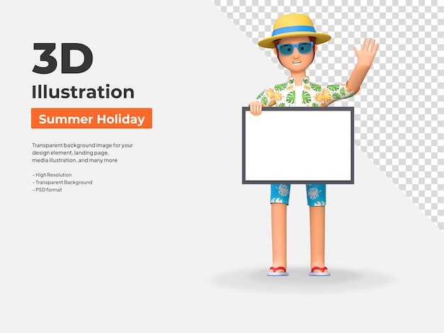 Voyageur de jeune homme tenant un tableau blanc en illustration de personnage de dessin animé 3D de vacances d'été