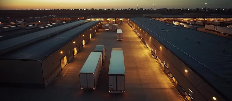 PSD vue aérienne d'un centre de distribution la nuit