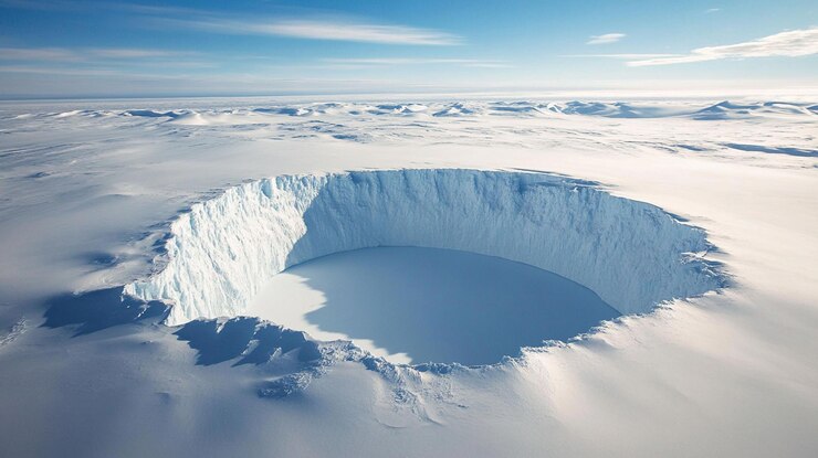 PSD vue aérienne d'une grotte de glace circulaire en antarctique montrant un lac gelé entouré de murs de glace imposants sous un ciel bleu clair