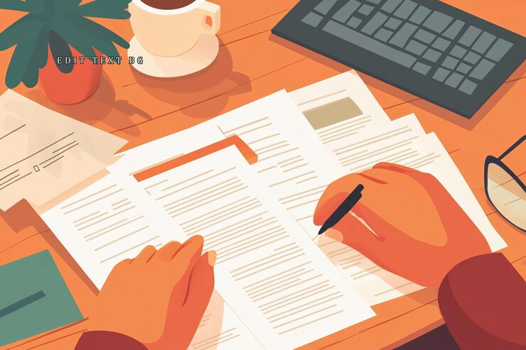 PSD vue aérienne de mains examinant des documents au bureau avec du café et un clavier