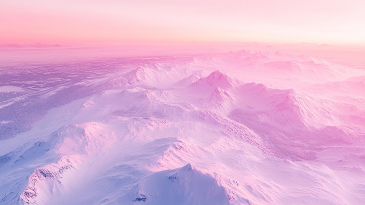 PSD vue aérienne panoramique des montagnes couvertes de neige au coucher du soleil présentant une teinte rose et pourpre douce