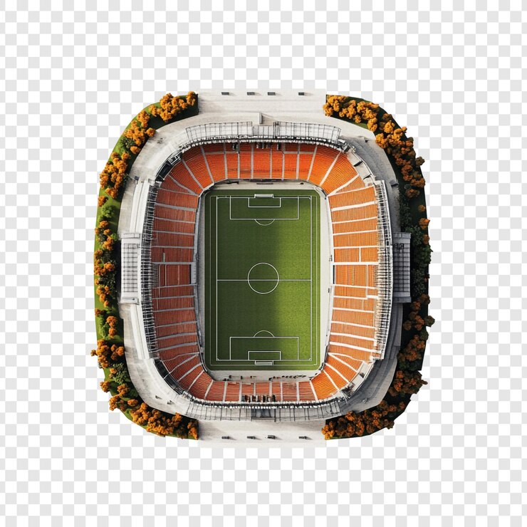 PSD vue aérienne d'un stade de football moderne avec une verdure luxuriante