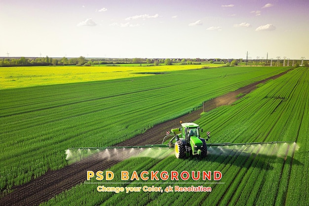 PSD vue aérienne d'un tracteur agricole en train de labourer et de pulvériser sur le champ