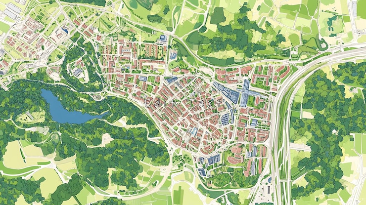 PSD vue aérienne d'une ville européenne montrant l'expansion urbaine des routes et des espaces verts