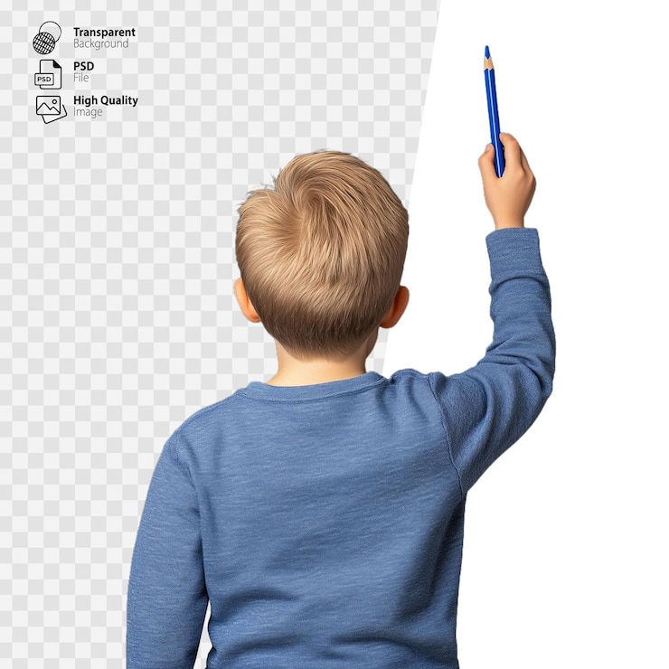 PSD vue arrière d'un jeune garçon pointant avec un stylo sur un fond transparent symbolisant l'apprentissage et la créativité