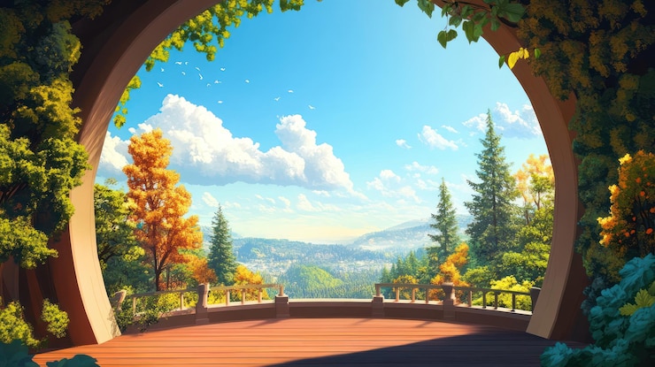 PSD une vue d'automne sereine d'une arcade de jardin tranquille
