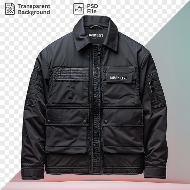 PSD vue d'avant impressionnante capturer une veste premium en cuir noir matériau tissu étiquette nom de marque nom de marque noms de marque noms