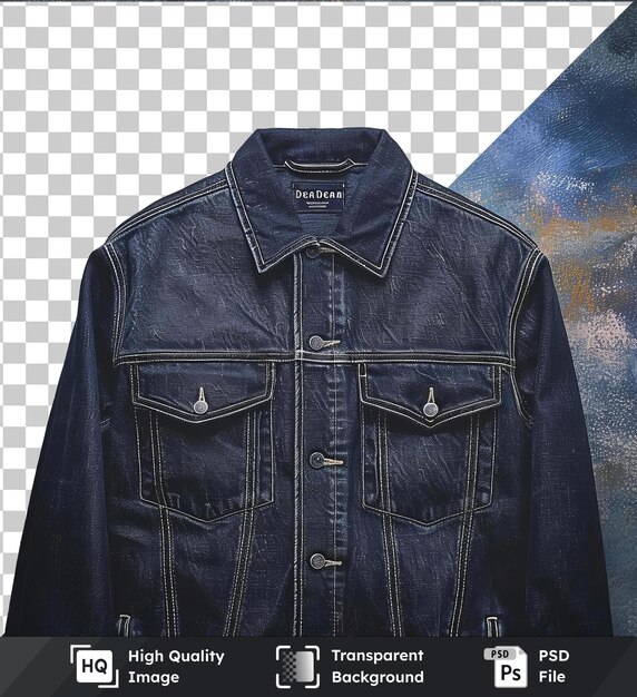 PSD vue avant premium capturer une veste denim indigo étiquette de tissu de matériaux techniques