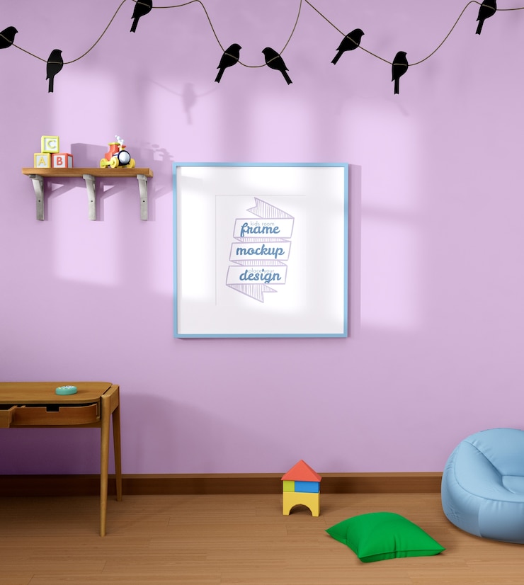 PSD vue de la chambre des enfants avec maquette de cadre et décoration intérieure