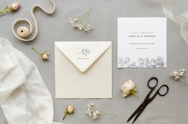 Vue de dessus de la carte de mariage avec enveloppe et ciseaux