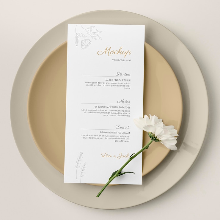 PSD vue de dessus de la disposition de la table avec fleur de printemps et maquette de menu sur assiettes