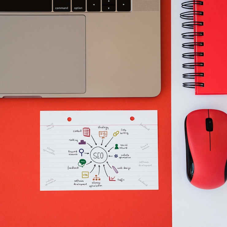 PSD vue de dessus du concept de bureau de marketing numérique